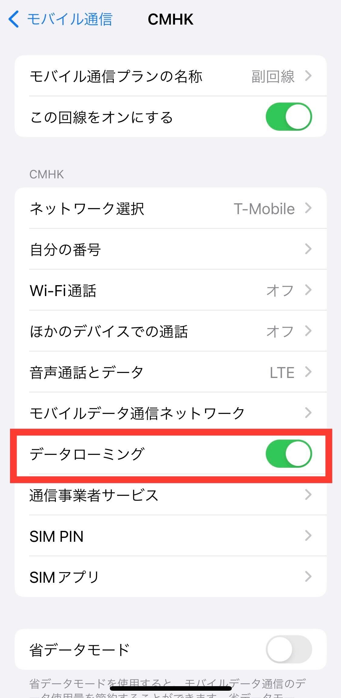 データローミングのオン設定